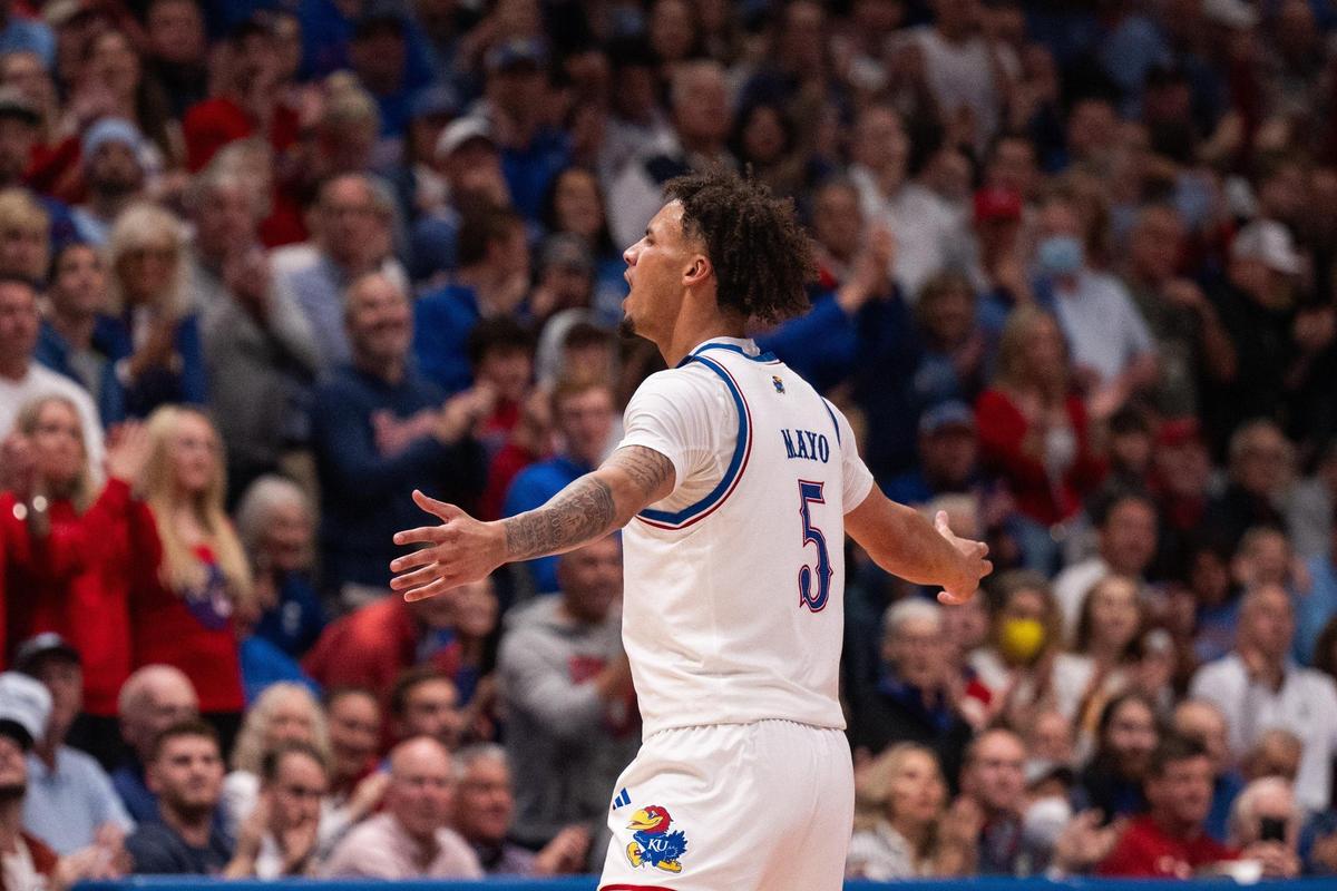 Kansas Jayhawks guard Zeke Mayo celebrates after making a shot to tie the game against North Carolina during a men’s basketball showdown at Allen Fieldhouse in Lawrence, Kan., on Friday, Nov. 8, 2024.