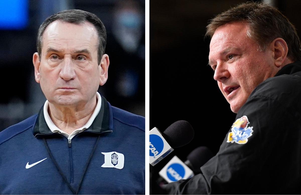 For years, it was Coach K (Mike Krzyzewski, left) leading the Blue Devils men’s hoops squads into clashes with Kansas and coach Bill Self.