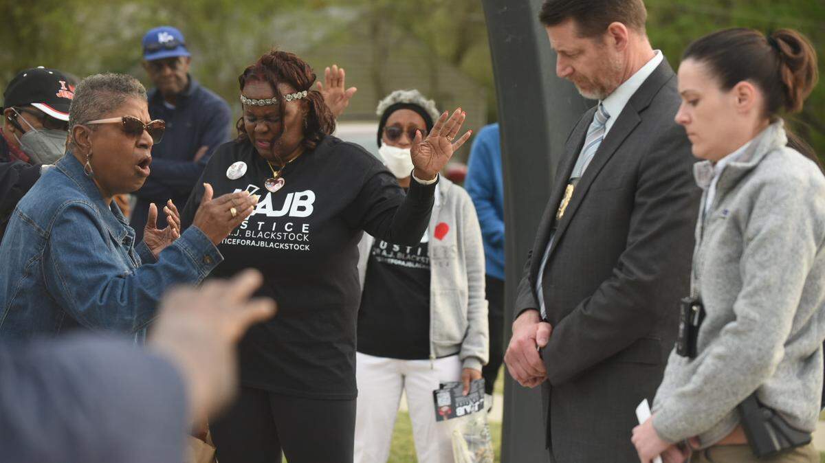 Faith leaders, community members and family of Adam Blackstock Jr. pray for Kansas City police Sgt. Mark Slater and Detective Nicole Anderson to assist with solving the 24-year-old man’s January homicide.