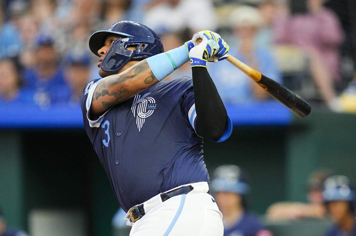 Royals catcher Salvador Perez hit a first-inning home run as KC took a 7-1 advantage into the second frame of a Major League Baseball game against the Toronto Blue Jays at Kauffman Stadium in Kansas City on Friday, Sept. 19, 2025.