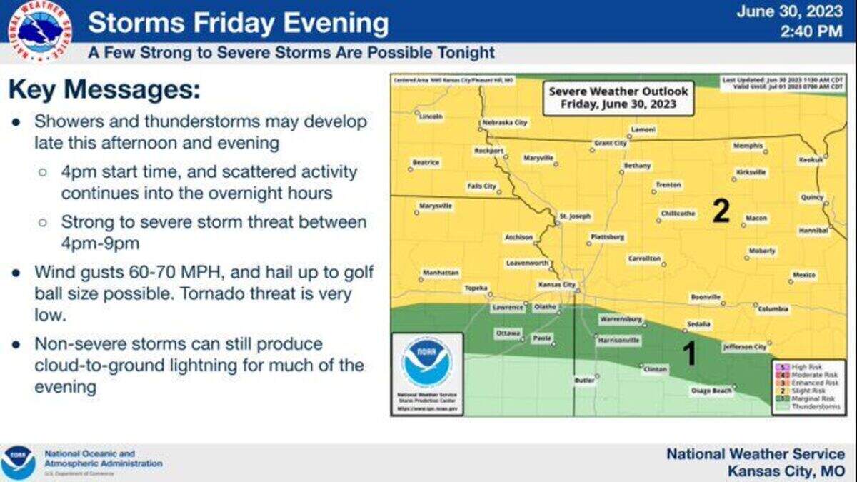 Afternoon and evening showers will be possible primarily north of Interstate 70 in the Kansas City area Friday evening, according to the National Weather Service. Some of the storms could be severe.