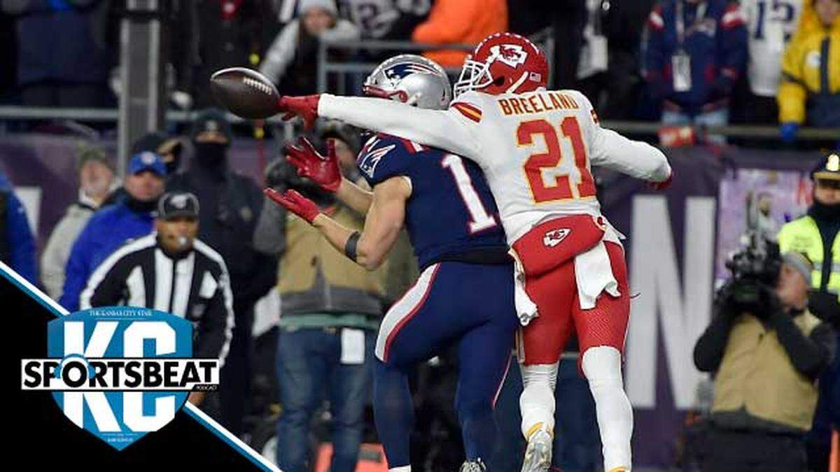 Kansas City Chiefs defensive back Bashaud Breeland (21) breaks up a pass intended for New England Patriots wide receiver Julian Edelman (11), preventing a late-game touchdown during the fourth quarter of the Kansas City Chiefs game against the New England Patriots at Gillette Stadium in Foxborough, Massachusetts, Sunday Dec. 8, 2019. The Chiefs beat the Patriots 23-16.