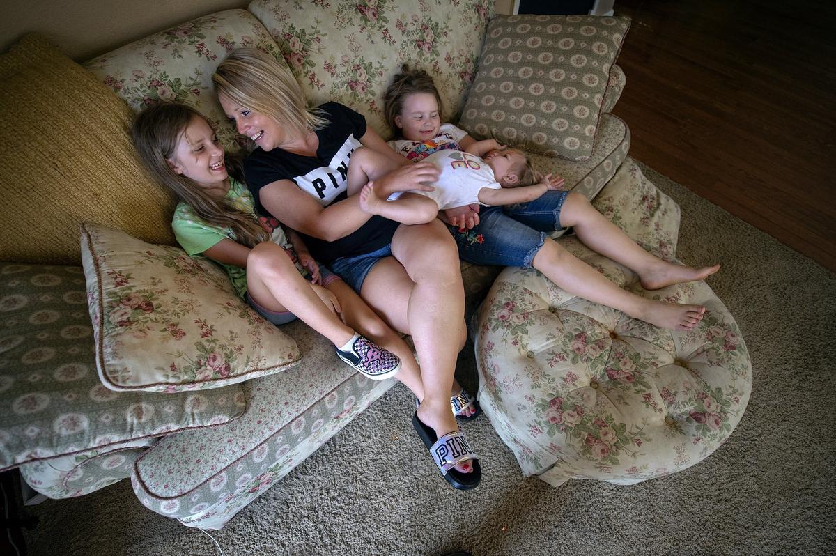 Former heroin addict Victoria Worden has come a long way in her recovery with the help of Amethyst House. She and her children, Madelyn (left), 10, Abigail, 7, and Liliana, 16 months, have been living at Amethyst House for almost a year.