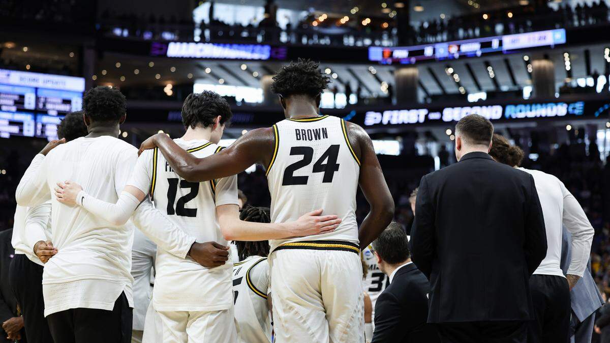 Missouri Tigers guard Kobe Brown (24) and guard Jackson Francois (12) stand in a huddle during the first half against Princeton at Golden 1 Center in Sacramento on March 18, 2023.