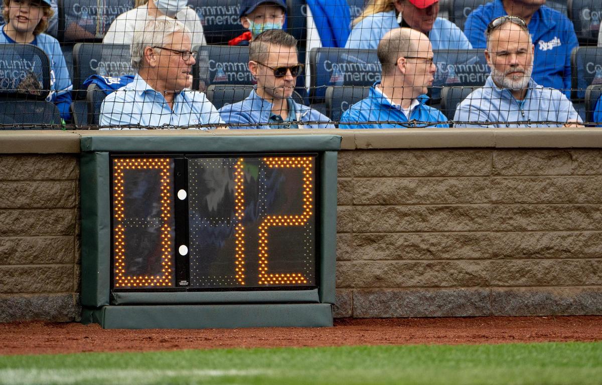 A pitch clock counts down during an opening day baseball game between the Kansas City Royals and the Minnesota Twins at Kauffman Stadium, Thursday, March 30, 2023, in Kansas City.