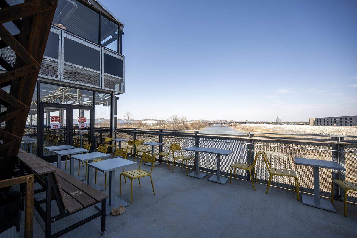 A seating area overlooking the Kansas River is seen from Rock Island Bridge on Wednesday, March 25, 2026, in Kansas City.