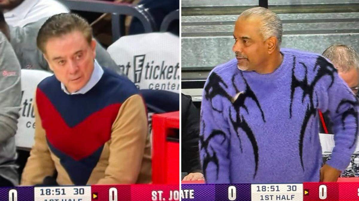St. John’s men’s hoops coach Rick Pitino, left, and K-State coach Jerome Tang wear throwback sweaters for a Saturday, Dec. 7, 2024 game in Queens, New York.
