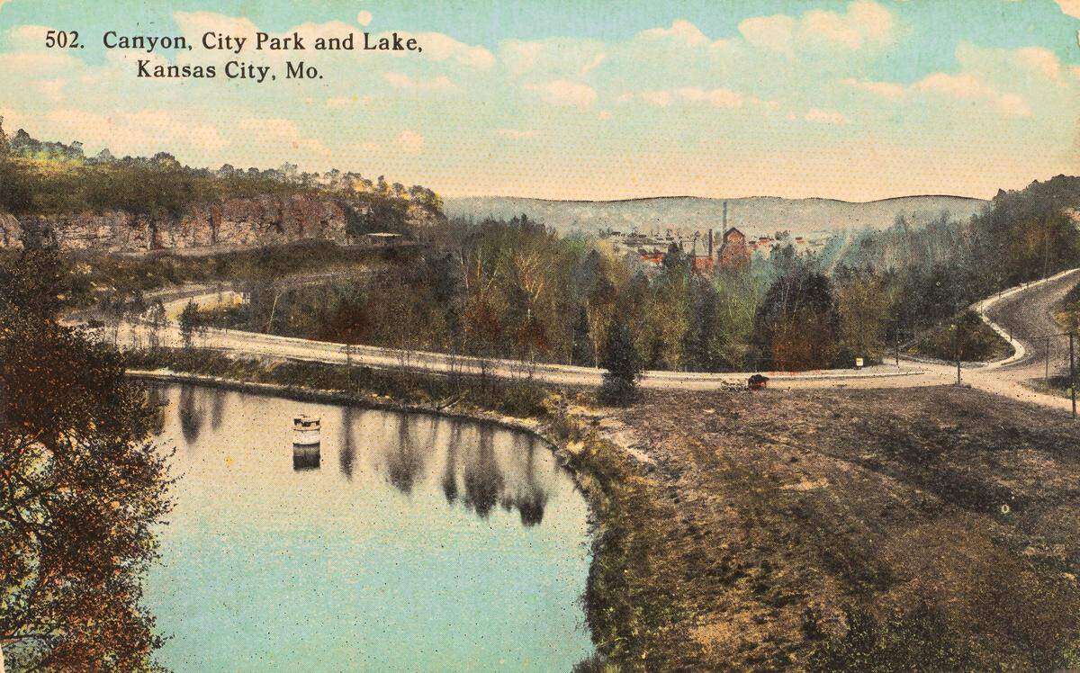 Early 1900s postcard of Cliff Drive winding through the canyon area of North Terrace Park. The cross street on the right is Chestnut Parkway. The Heim Brewery is visible in the background.
