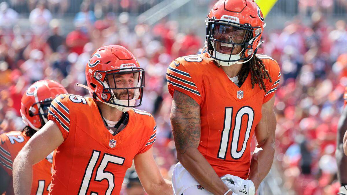 Chicago Bears wide receiver Chase Claypool (10) celebrates after he scores a touchdown against the Tampa Bay Buccaneers during the second half at Raymond James Stadium.