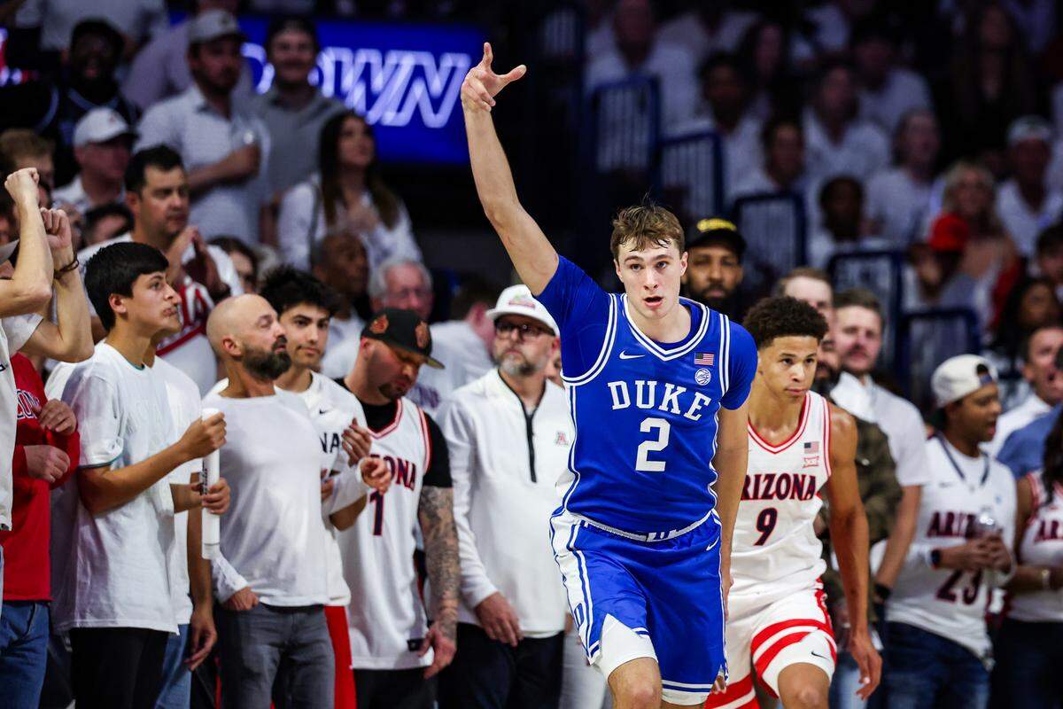 Duke Blue Devils forward Cooper Flagg (2) celebrates a 3-pointer made during the second half against the Arizona Wildcats at McKale Center on Nov. 22, 2024.