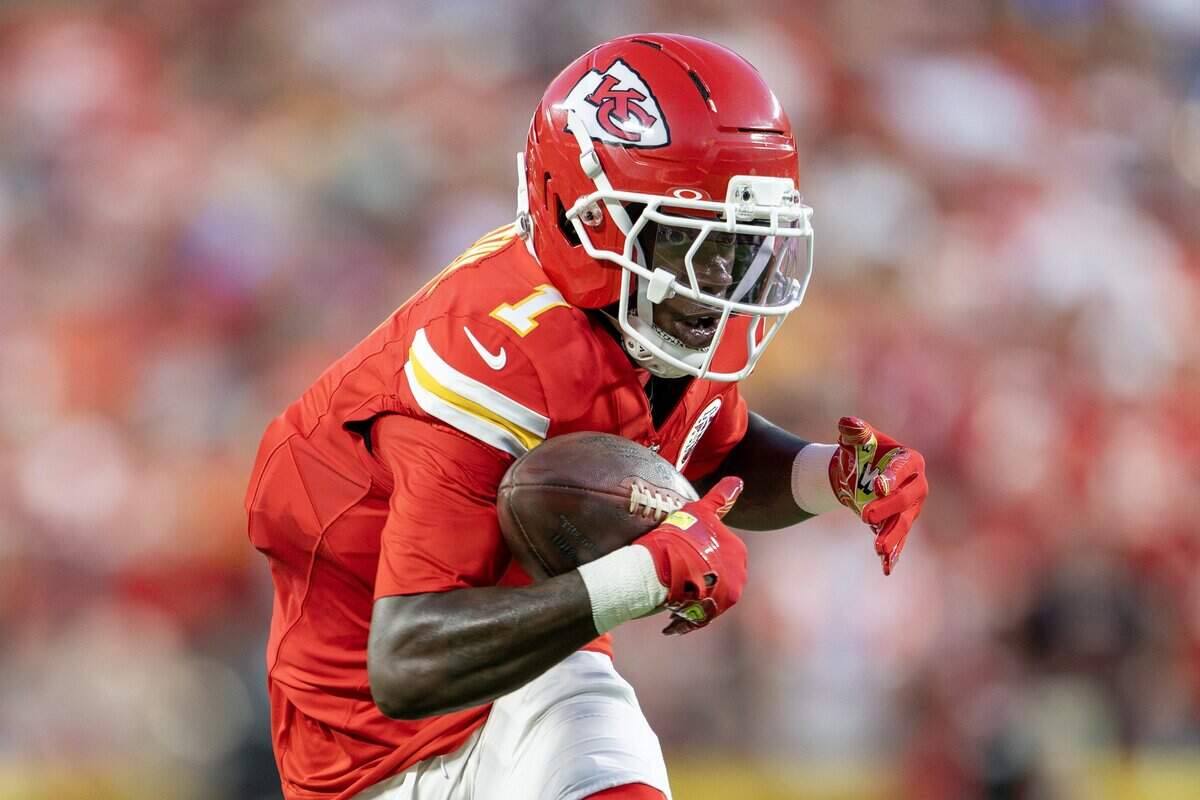 Kansas City Chiefs wide receiver Xavier Worthy (1) runs the ball in the first quarter during the season opener against the Denver Broncos at Arrowhead Stadium on Monday, Sept. 14, 2026, in Kansas City.