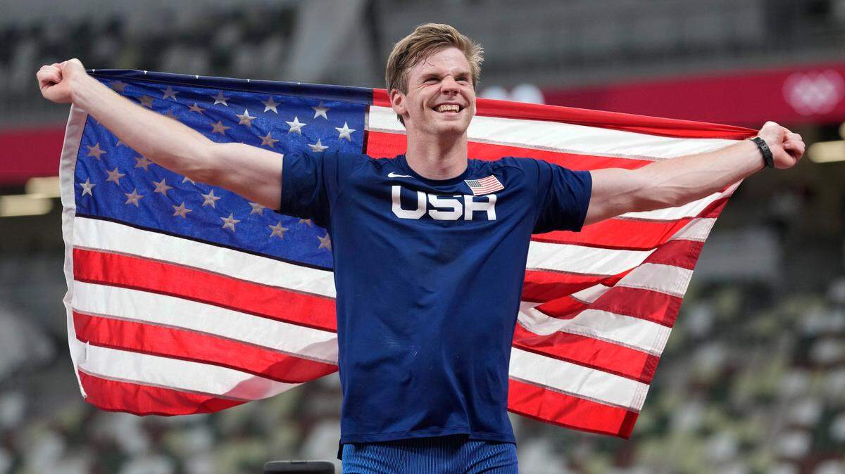 Christopher Nilsen, of the United States, reacts after his second place finish in the final of the men’s pole vault at the 2020 Summer Olympics, Tuesday, Aug. 3, 2021, in Tokyo. (AP Photo/Andrew Medichini)