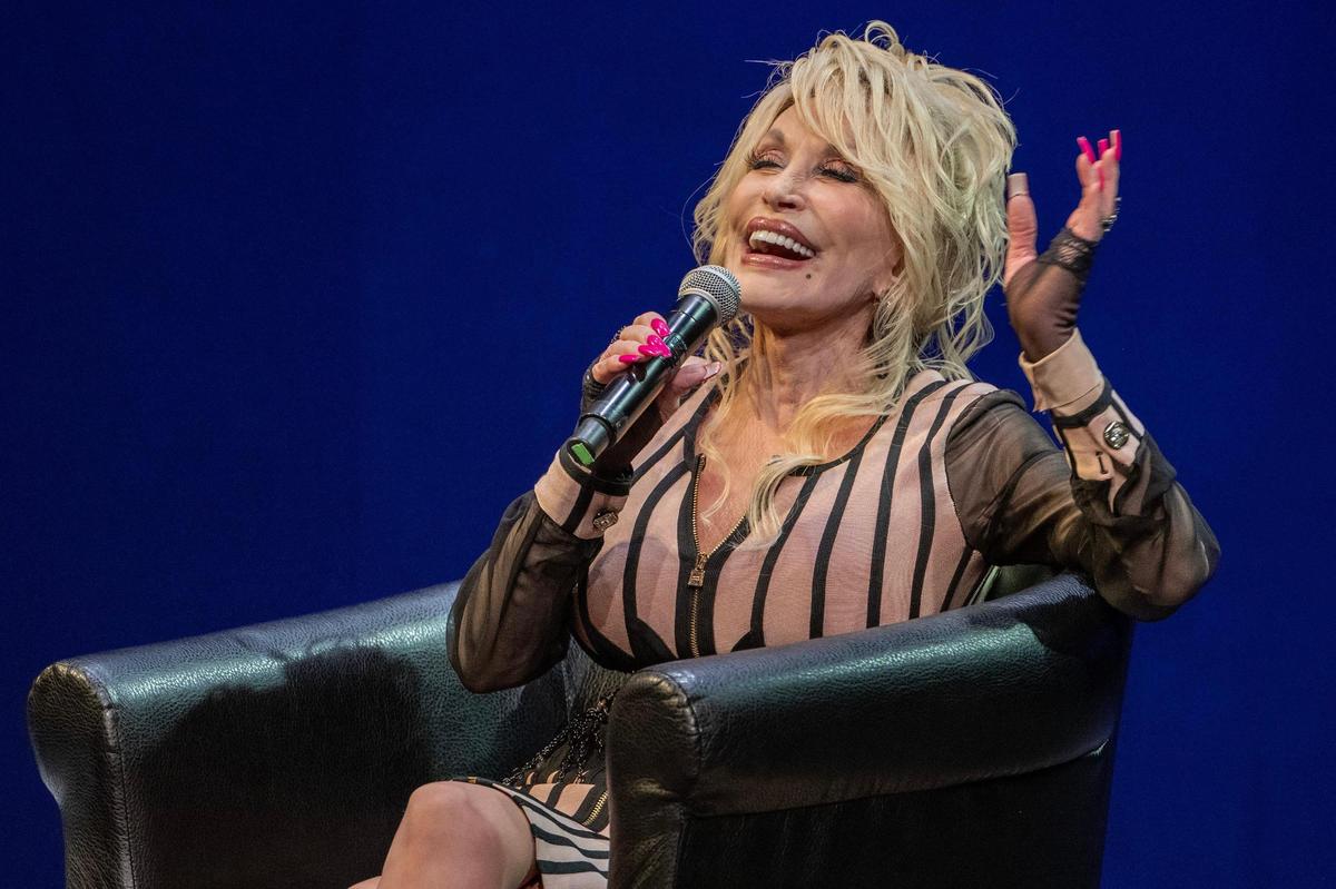 Dolly Parton speaks about the Imagination Library at White Theatre at the Jewish Community Center on Monday, Aug. 14, 2023, in Overland Park, Kan.