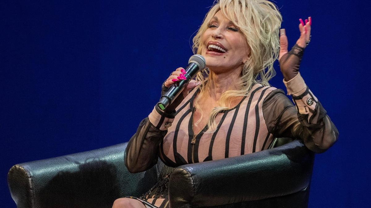 Dolly Parton speaks about Imagination Library at White Theatre at the Jewish Community Center on Monday, Aug. 14, 2023, in Overland Park, Kan.