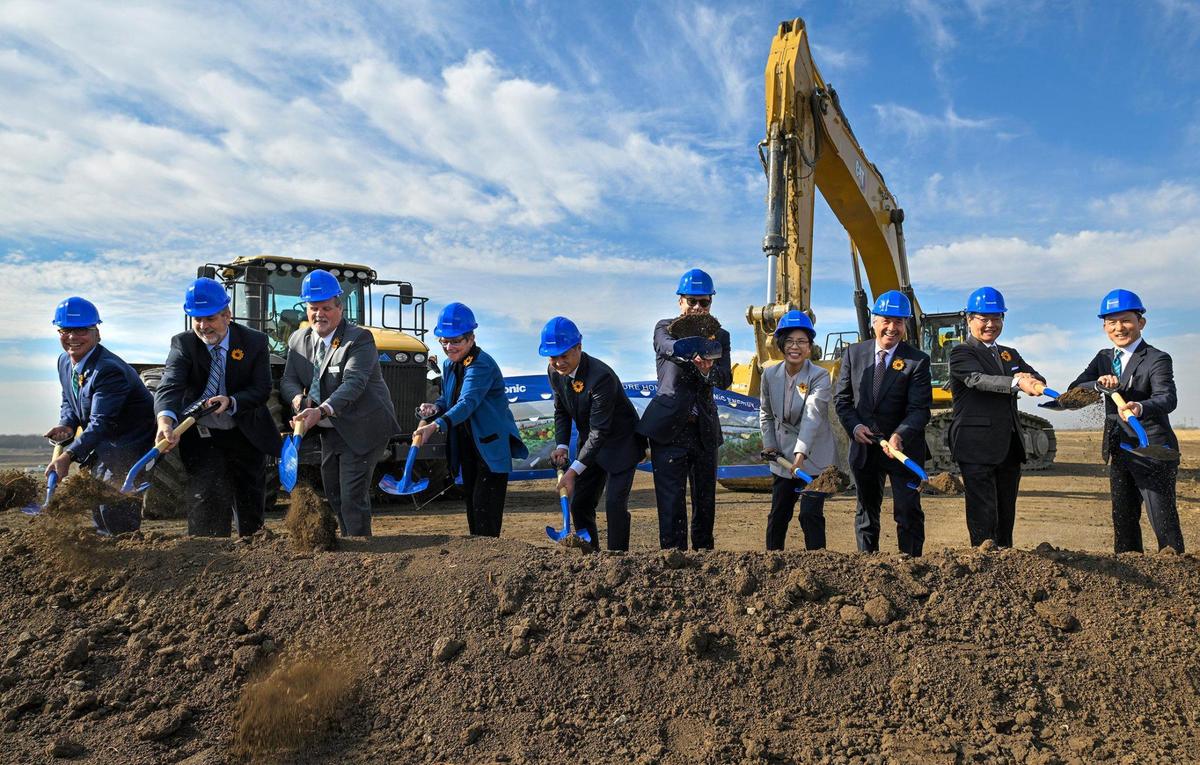 Groundbreaking ceremonies for the Panasonic battery plant included Kansas Gov. Laura Kelly, fourth from left, Kazuo Tadanobu President and CEO of Panasonic Energy of North America, right of Kelly, and other top executives from Panasonic, as well as state and local officials on Wednesday, Nov. 2, 2022. The plant will be built on the former Sunflower Army Ammunition Plant property in De Soto, Kansas, in Johnson County. The 9,000-acre property is now being renamed Astra Enterprise Park.