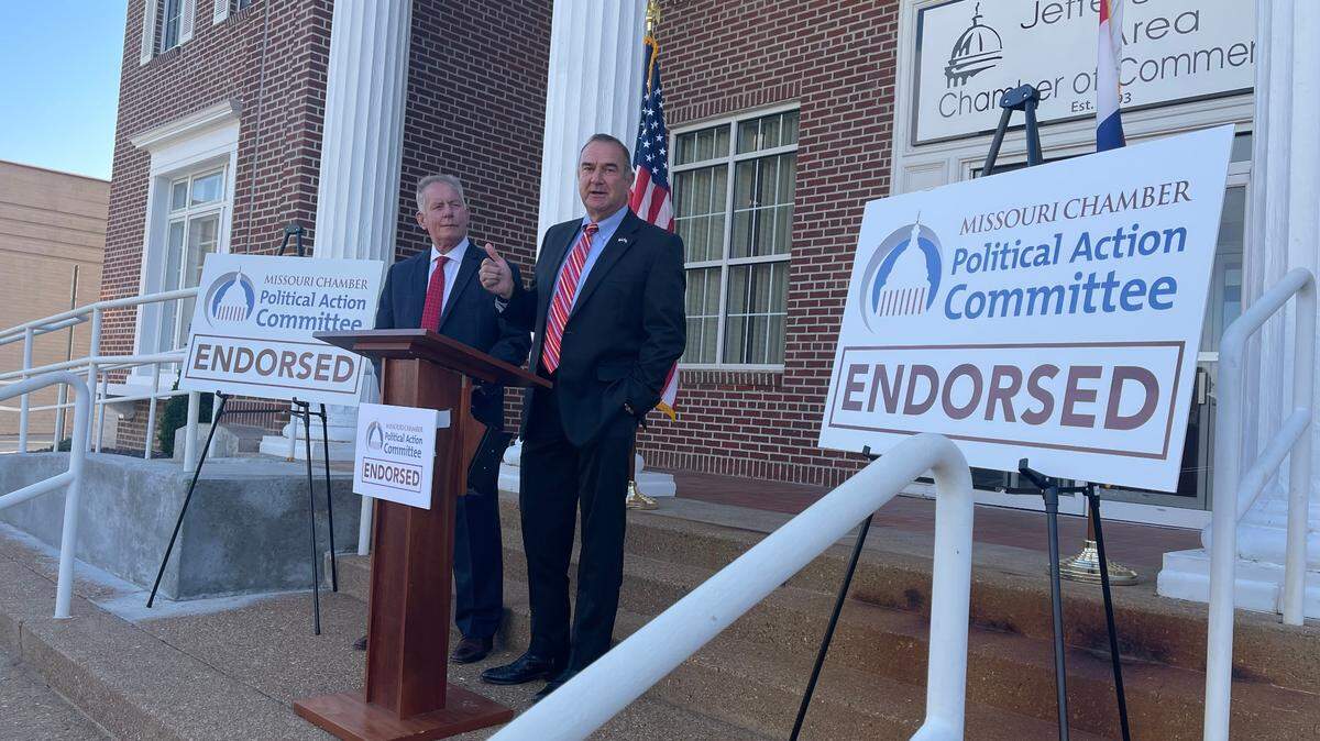 Missouri Lt. Gov. Mike Kehoe, a Republican, (right) stands with the Missouri Chamber of Commerce and Industry President and CEO Dan Mehan (left) in Jefferson City.