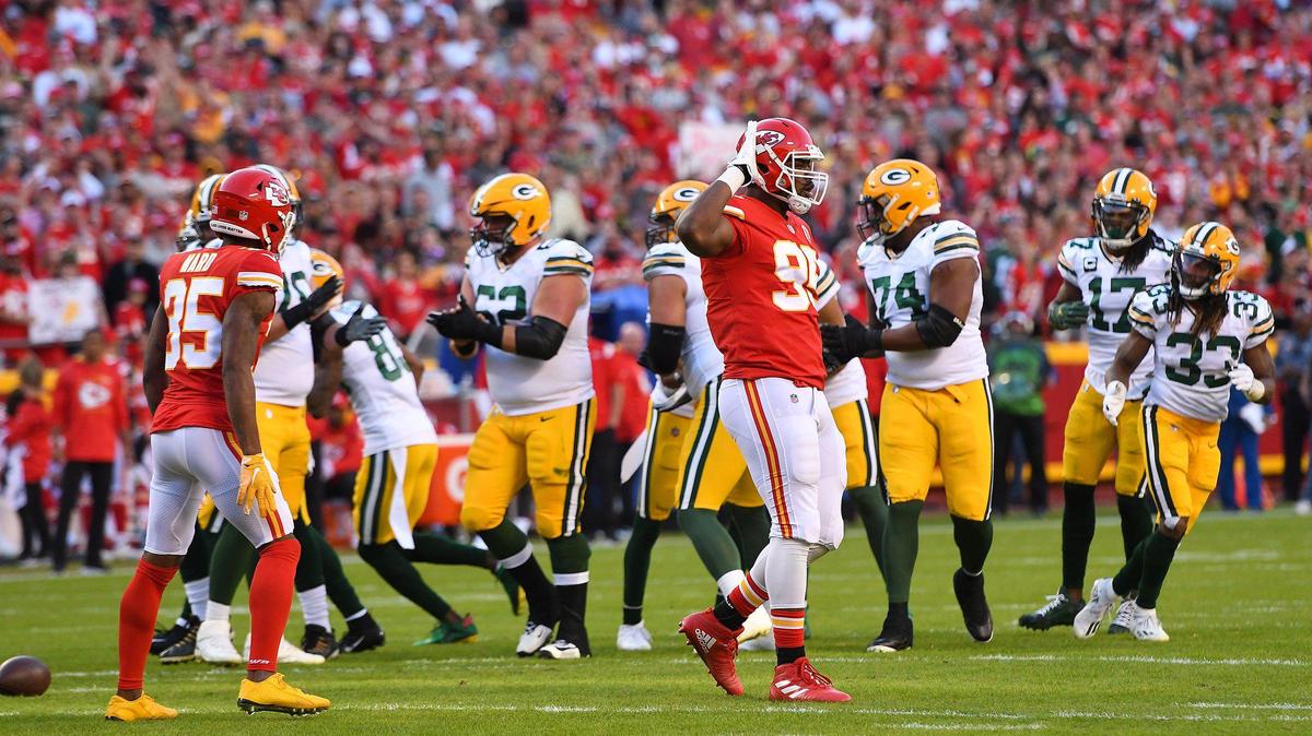 Kansas City Chiefs defensive end Chris Jones gestures to fans in the first quarter of the Chiefs game against the Green Bay Packers at GEHA Field at Arrowhead Stadium Sunday, Nov. 7, 2021.