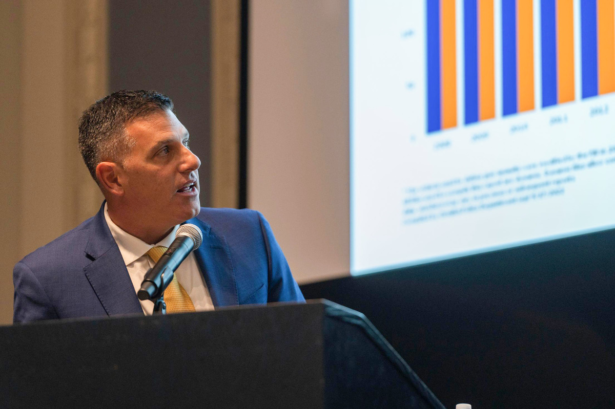 Omaha Chief of Police Todd Schmaderer talks about the Omaha 360 Collaborative during a conference at the Greater Kansas City Chamber of Commerce.