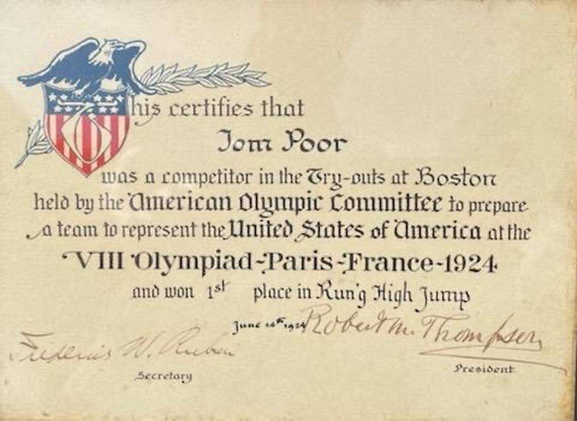 Tom Poor, “The Kansas Grasshopper,” received this certificate after he took first in the high jump at the Olympic Trials. He competed at the 1924 Paris Olympics.