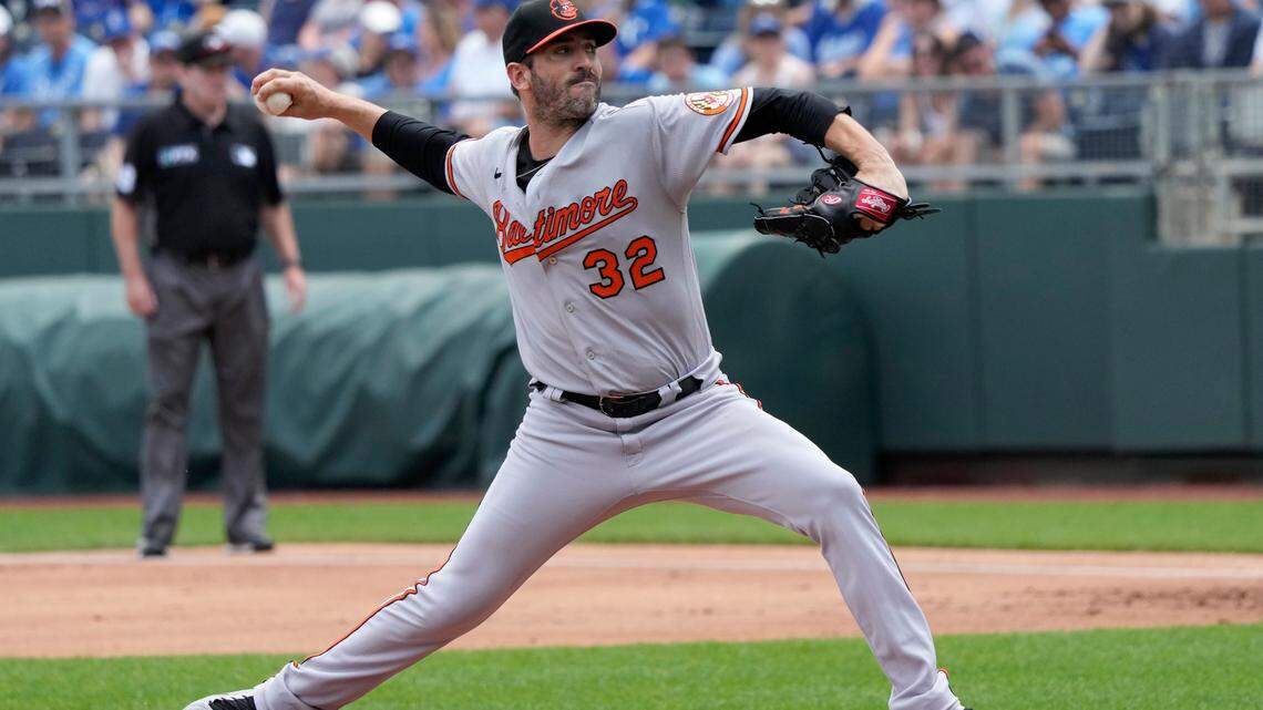 Baltimore Orioles starting pitcher Matt Harvey delivers to a Kansas City Royals batter during the first inning of a baseball game at Kauffman Stadium in Kansas City, Mo., Sunday, July 18 2021. (AP Photo/Orlin Wagner)