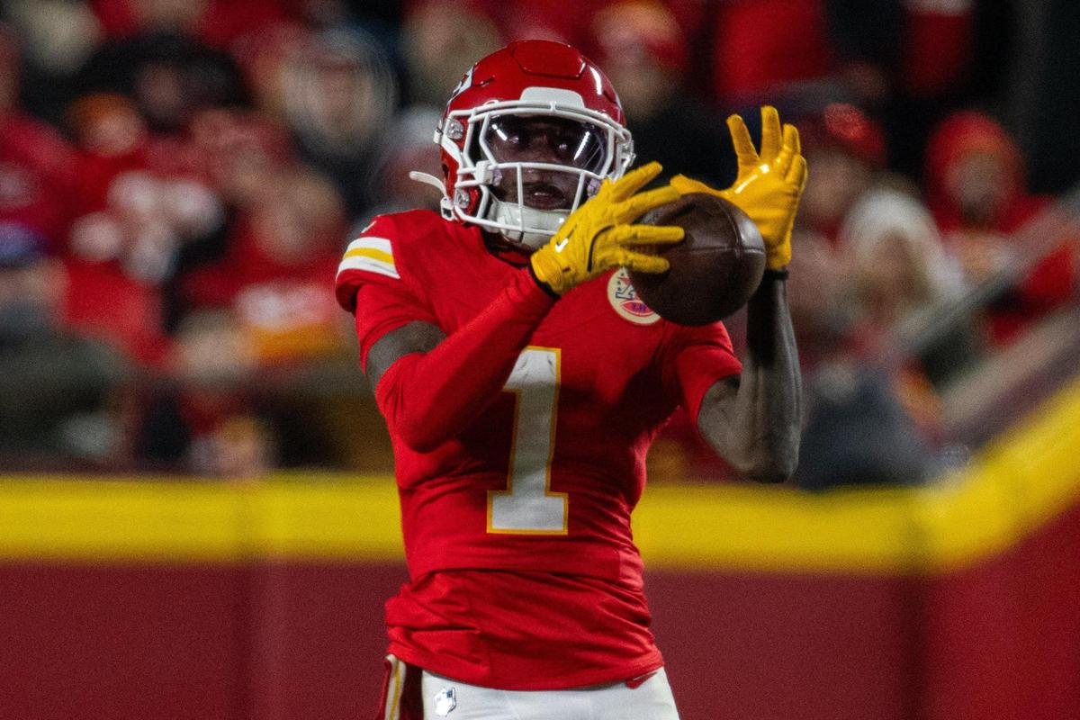 Kansas City Chiefs wide receiver Xavier Worthy makes a crucial catch on third down late in the second of half of the Chiefs game vs. the Los Angeles Chargers on Sunday, Dec. 8, 2024 at GEHA Field at Arrowhead Stadium.