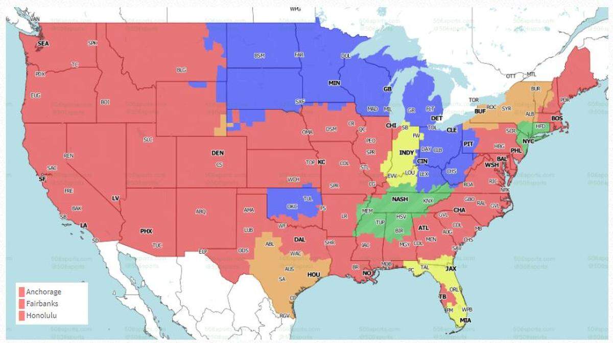 The Chiefs-Eagles game is in red. The Browns-Vikings game is in blue, the Colts-Dolphins game is in yellow, the Bills-Texans game is in orange, and the Jets-Titans game is in green.