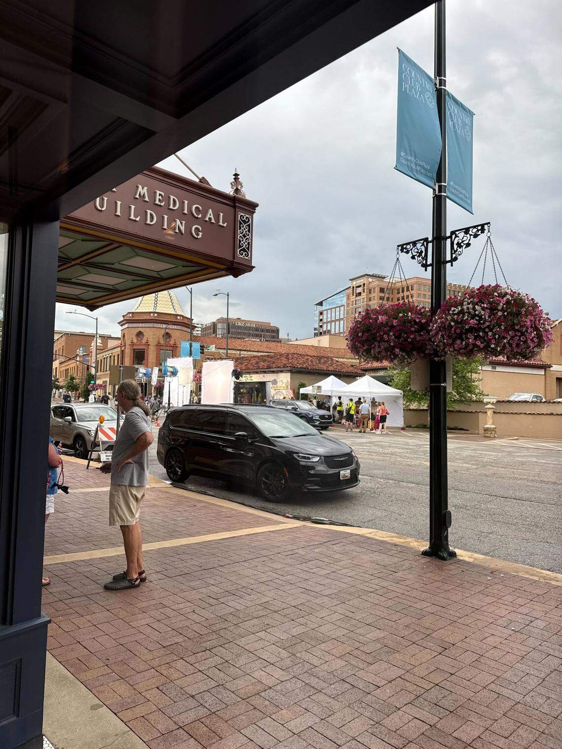 The “Ted Lasso” film crew on the Country Club Plaza Monday.