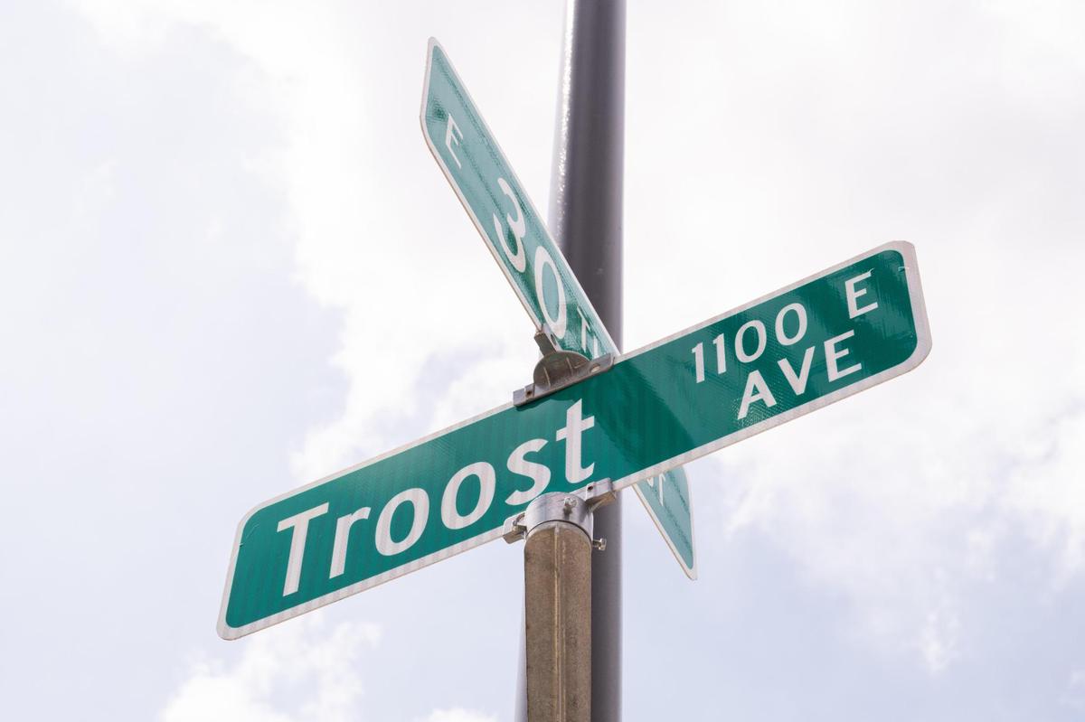 The corner of E. 30th Street and Troost Avenue on Tuesday, May 6, 2025. A measure to rename Troost Avenue to “Truth” Avenue was voted to be placed on hold in a city council meeting on Tuesday.