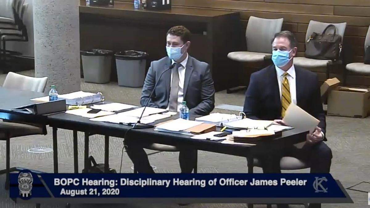 A screenshot from a YouTube video posted in 2020 by the Kansas City Police Department of an officer’s disciplinary hearing.