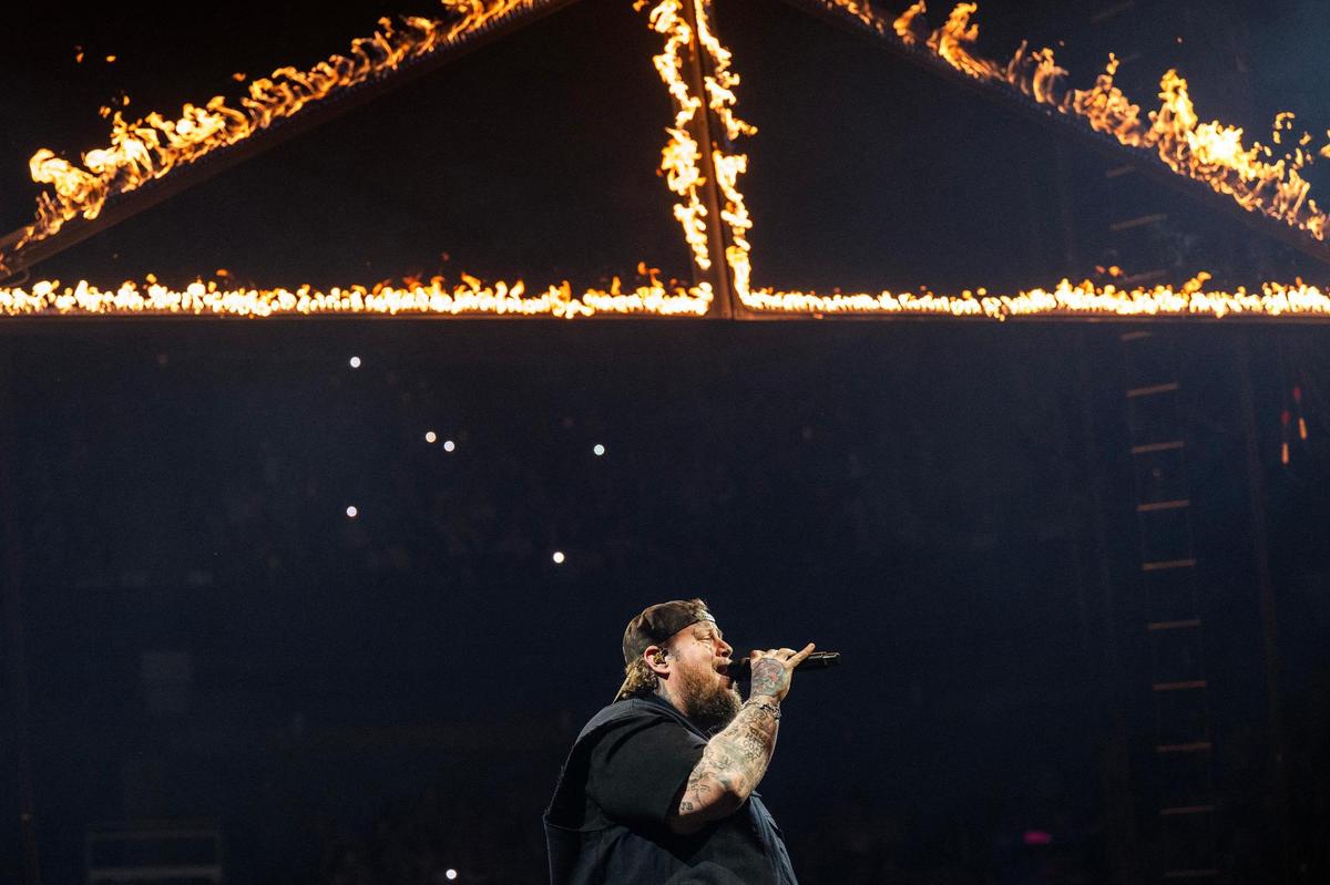 Jelly Roll performs the song “I Am Not Okay” during the Beautifully Broken Tour at T-Mobile Center on Wednesday, Nov. 13, 2024, in Kansas City.