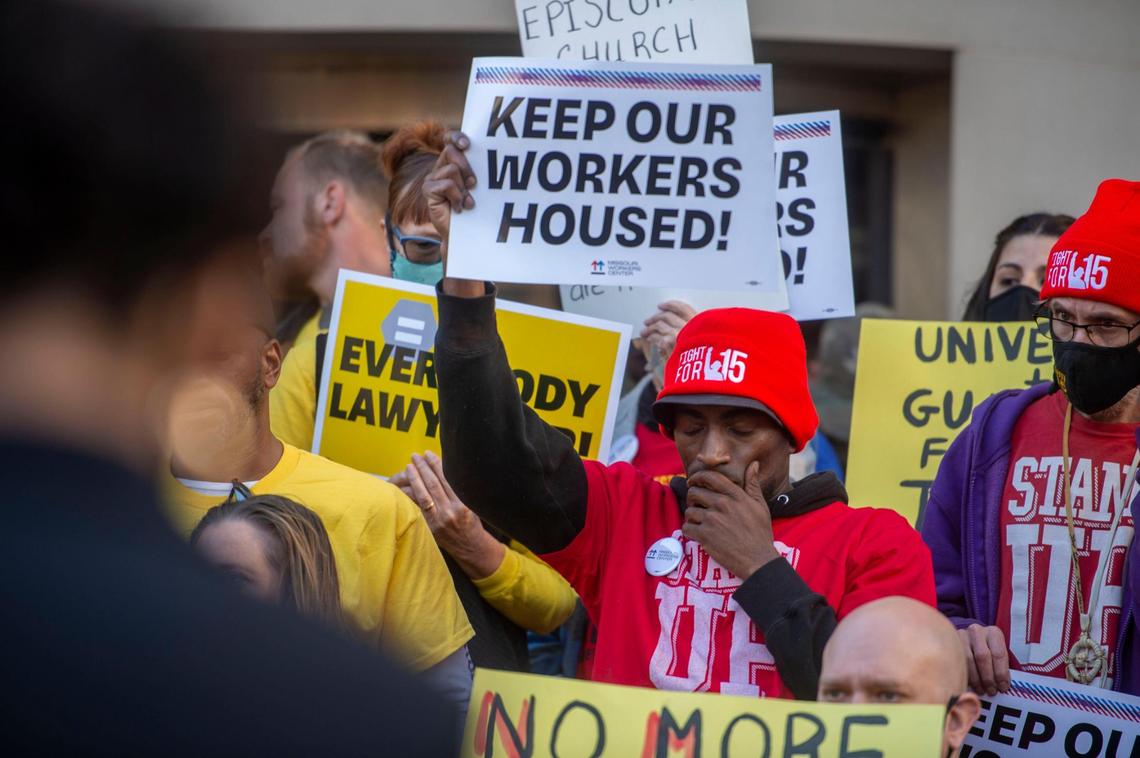 Terrence Wise, a leader with Missouri Workers Center KC, stands with a crowd of other community organizers outside City Hall Thursday to introduce an ordinance that would establish tenants’ tight to counsel in Kansas City.