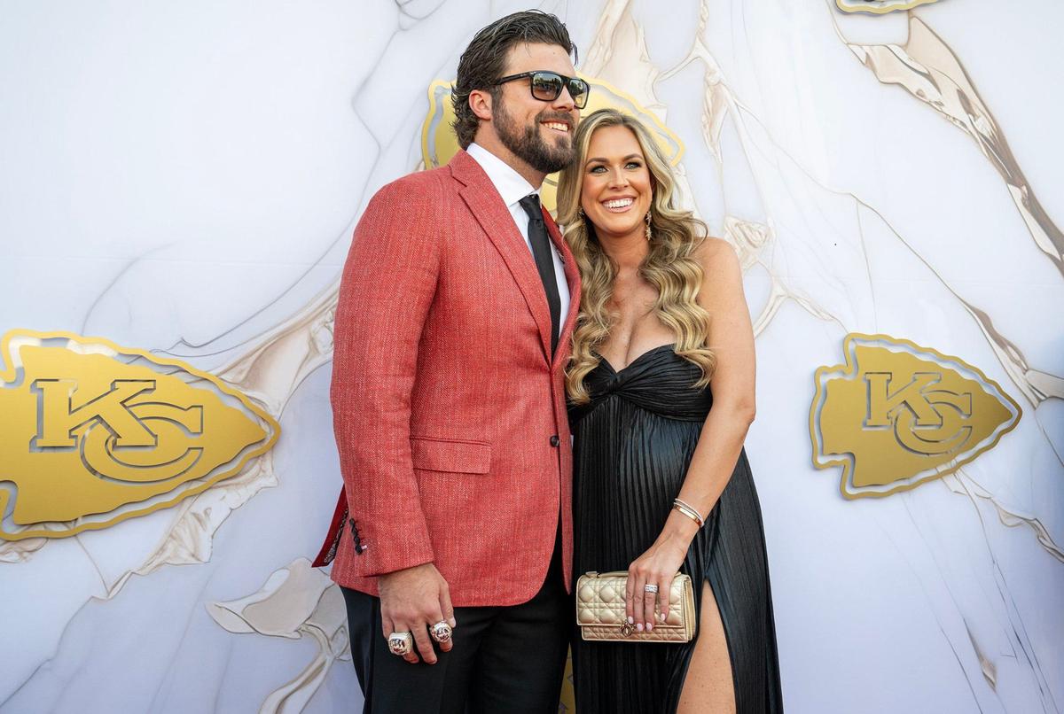 Kansas City Chiefs tight end Blake Bell and his wife Lyndsay Bell walked the red carpet before the Super Bowl LVIII championship ring presentation event.