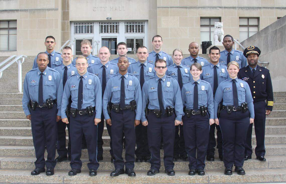 Kevin Sorrells, left front row, appears in a 2012 Kansas City Police Academy photo. During his time as an officer, Sorrells appeared on the department’s annual report, in various public service videos and was featured on a segment of the show “COPS.” He left KCPD in 2018 after he says he became a target of racially discriminatory discipline.