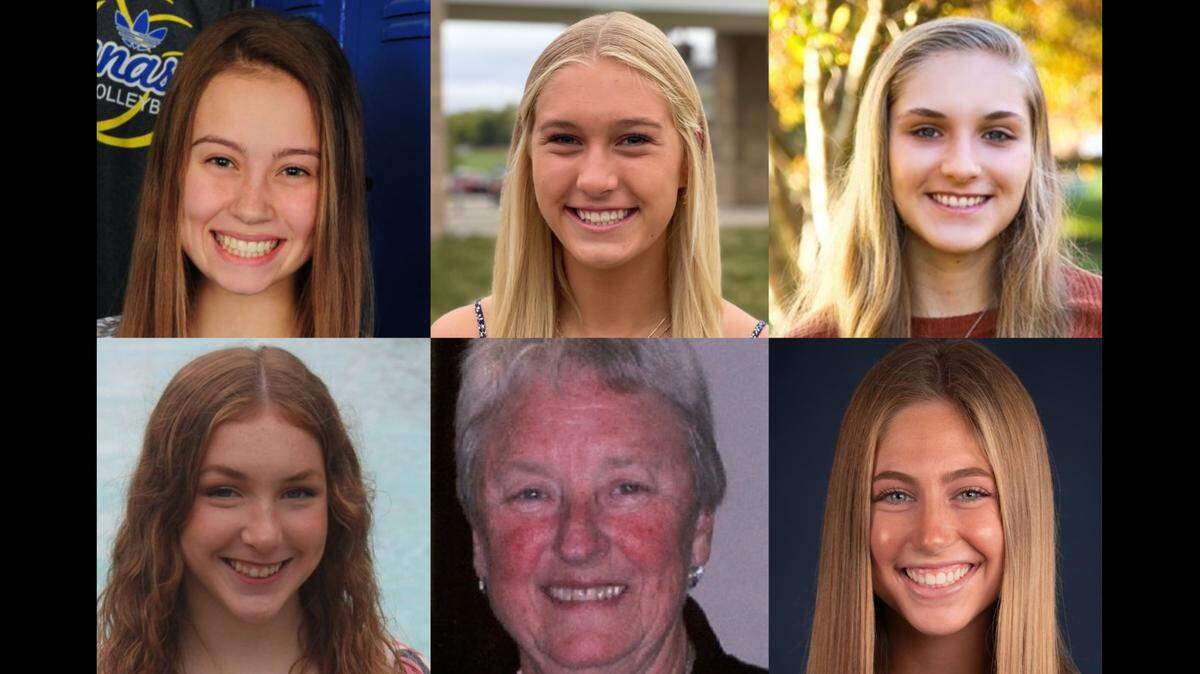 The 2021 Evelyn Gates Award, presented annually to the top high school volleyball player in the KC metro, will be handed out on Thursday. Finalists include Addison Beagle, Liberty North, pictured at top left; Sydney Handel, Lee’s Summit West, top middle; Ashley Mullen, Liberty, top right; and Chloe Kaminski, Blue Springs, bottom left. Pictured at bottom middle is Evelyn Gates, and bottom right is Ellie Bolton, the most recent winner of the award for her time at St. James Academy. She is now at Creighton University.
