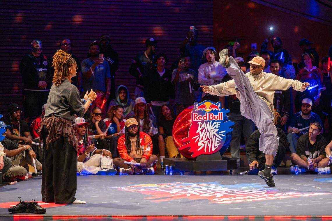 Law does a high kick while battling Gia in the first round of the Red Bull Dance Your Style Midwest Regional Qualifier, on Saturday, April 25, 2026, at the Kauffman Center for the Performing Arts. Law advanced to the second round.