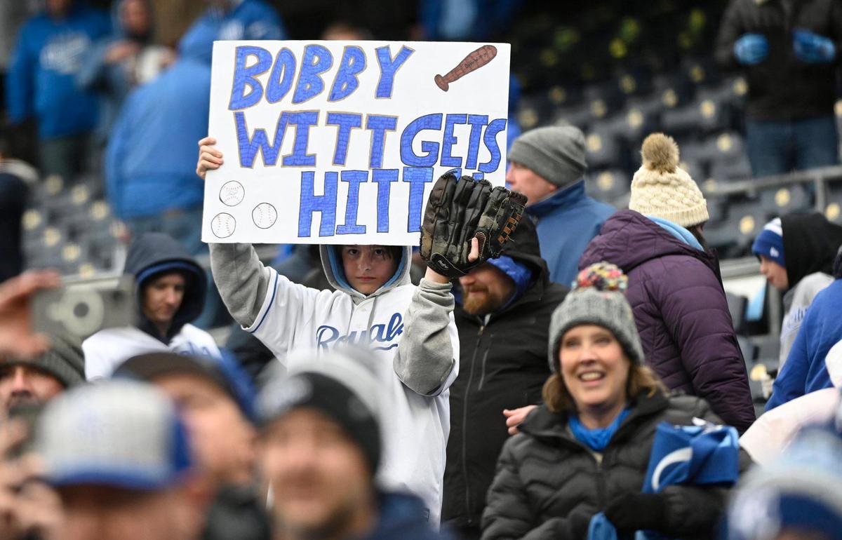 A fan shows his support for rookie infielder Bobby Witt Jr., who made his MLB debut as the Royals beat the Cleveland Guardians 3-1 in their season opener on Thursday at Kauffman Stadium.