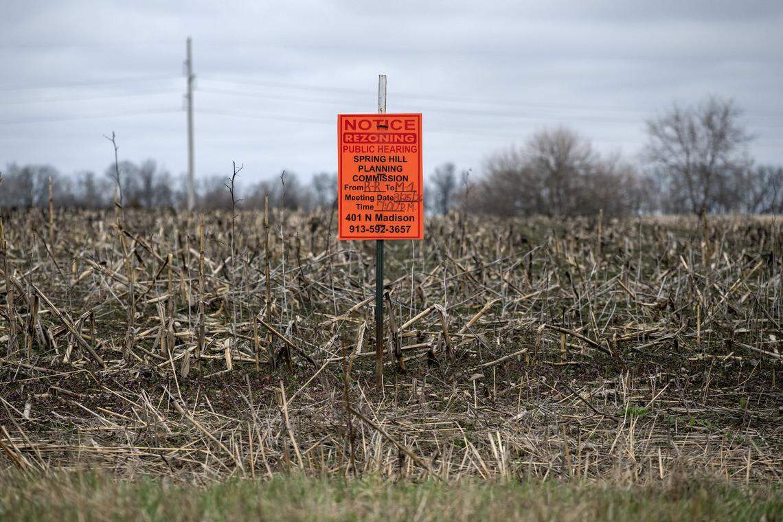 A rezoning notice is seen posted near 199th W. Street on Saturday, March 7, 2026, in Spring Hill, Kansas.