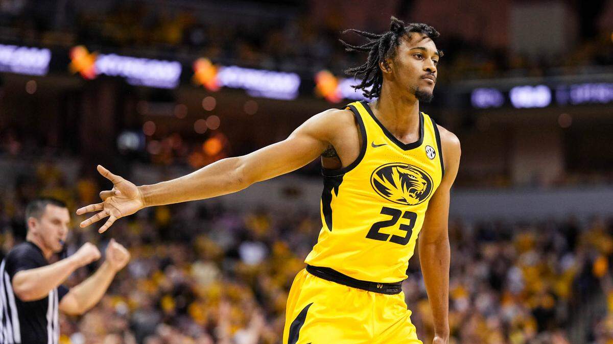 Missouri Tigers forward Aidan Shaw (23) celebrates after scoring during the first half against the Arkansas Razorbacks at Mizzou Arena on Jan. 18, 2023.