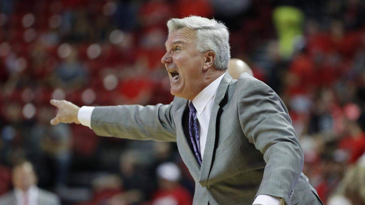 Kansas State head coach Bruce Weber motions to his players during overtime of an NCAA college basketball game against UNLV, Saturday, Nov. 9, 2019, in Las Vegas. (AP Photo/John Locher)