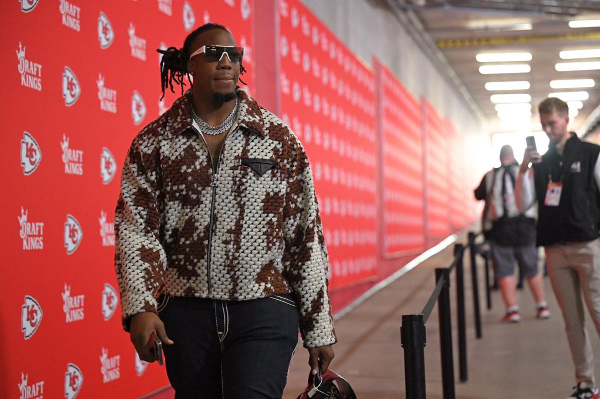 Kansas City Chiefs offensive tackle Wanya Morris arrives to play the New Orleans Saints on Monday, Oct. 7, 2024, at GEHA Field at Arrowhead Stadium.