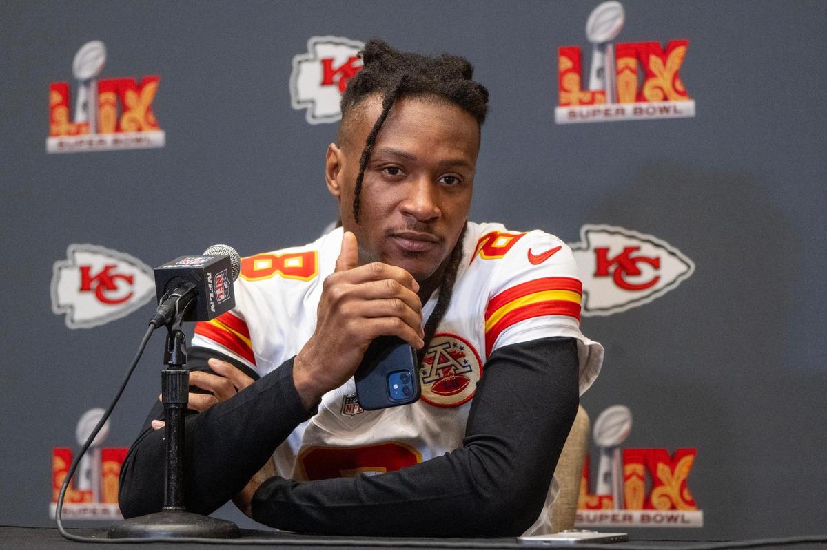Kansas City Chiefs wide receiver DeAndre Hopkins (8) ponders a questions during the media availability for the team on Thursday, Feb. 6, 2025, ahead of Super Bowl LIX on Sunday in New Orleans.