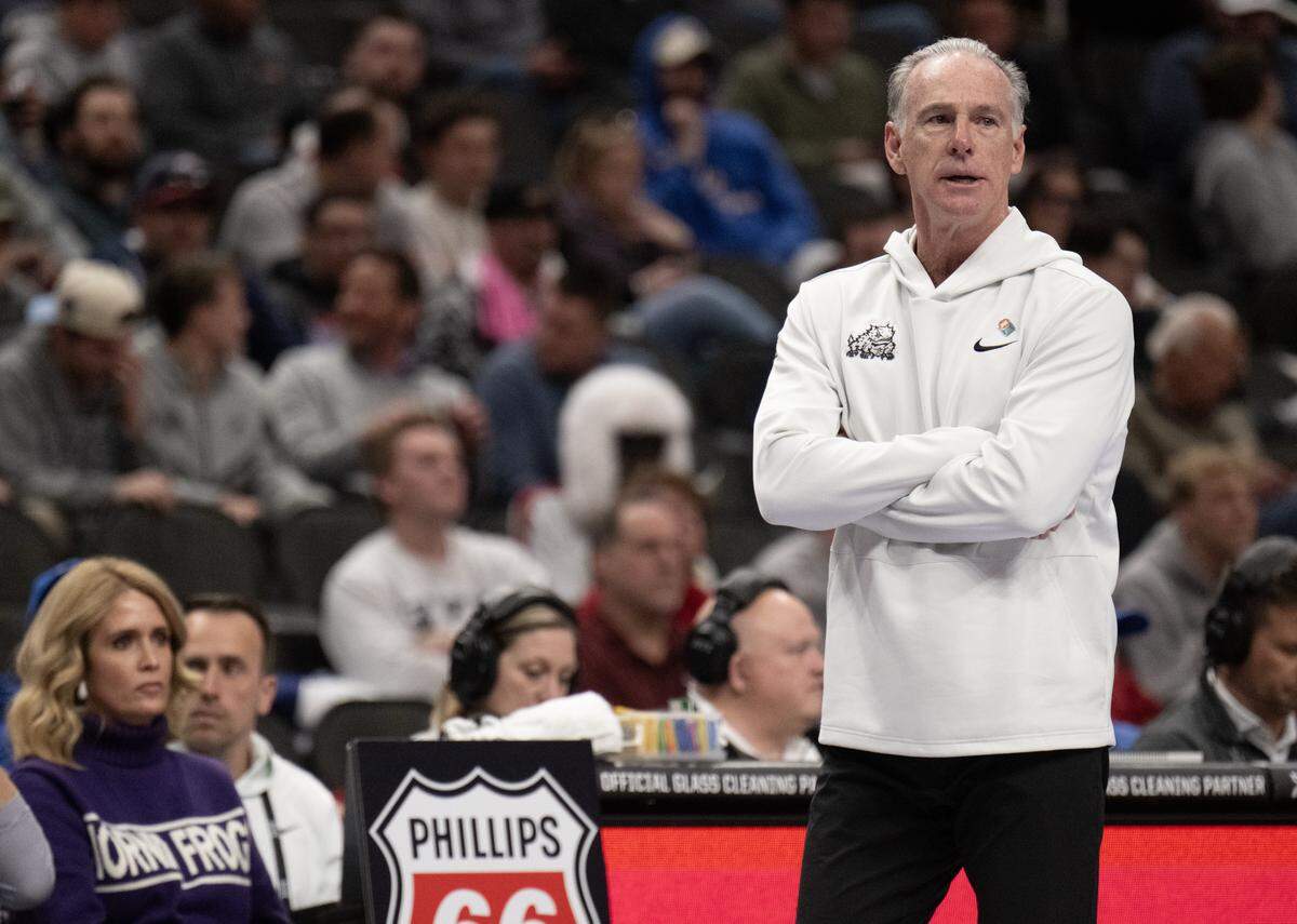 Texas Christian University Horned Frogs coach Steve Lutz during the first half against Oklahoma State University during the Big 12 Men's Basketball Tournament at T-Mobile Center on Wednesday, March 11, 2026, in Kansas City.