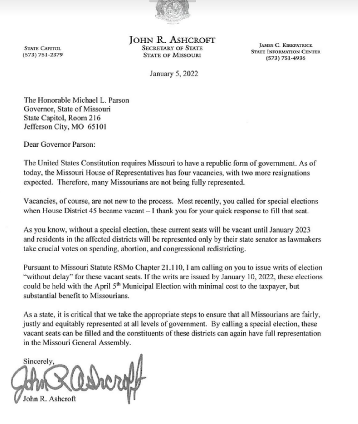 Missouri Secretary of State Jay Ashcroft is calling on Gov. Mike Parson to call special elections to fill a growing number of vacancies in the Missouri House.