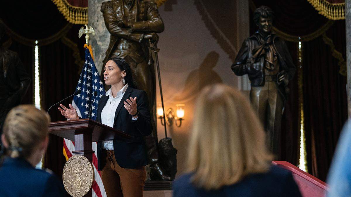 Rep Sharice Davids spoke at the dedication ceremony for a statue in the U.S. Capitol in honor of Kansas’ Amelia Earhart on July 27, 2022.