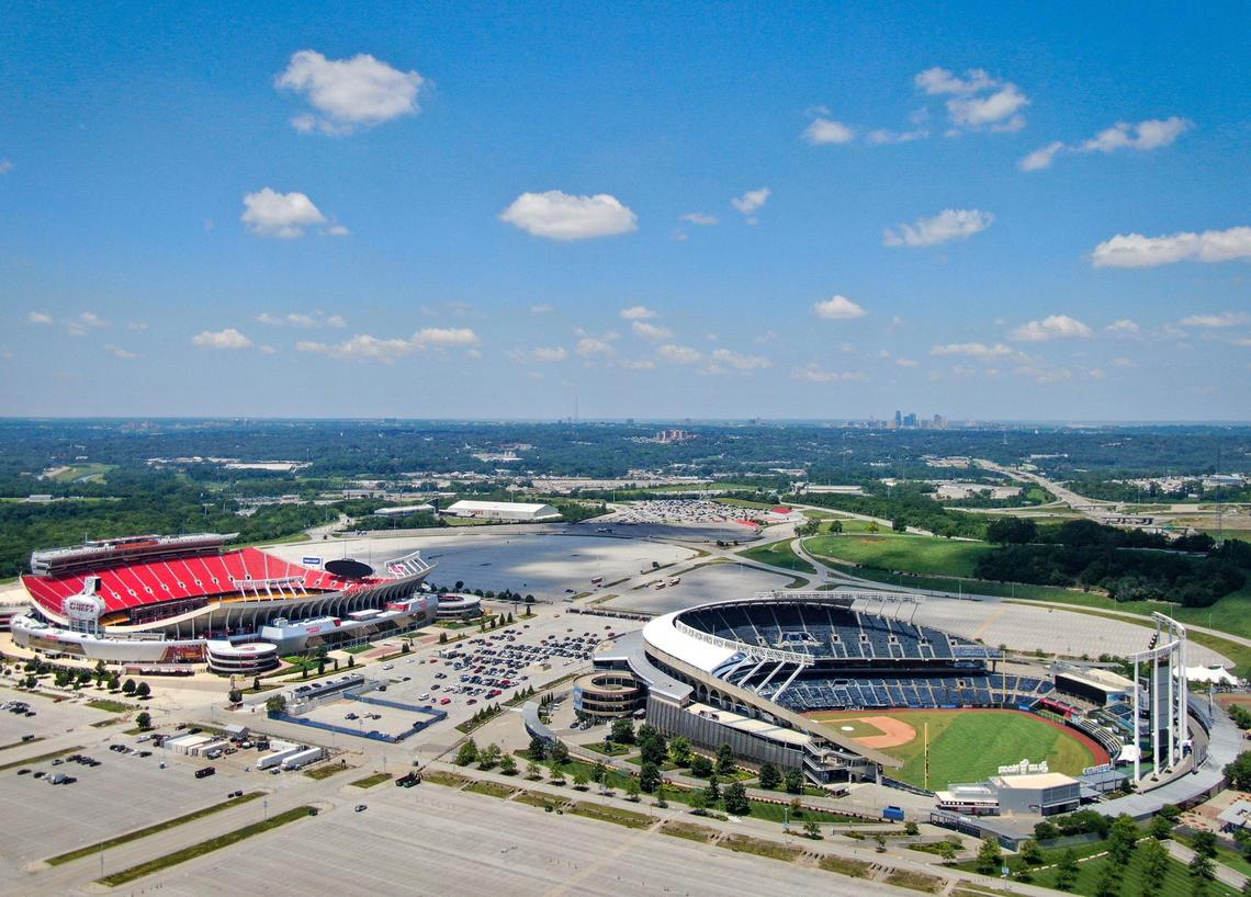 Arrowhead Stadium and Kauffman Stadium at the Truman Sports Complex on Tuesday, July 1, 2025, in Kansas City.