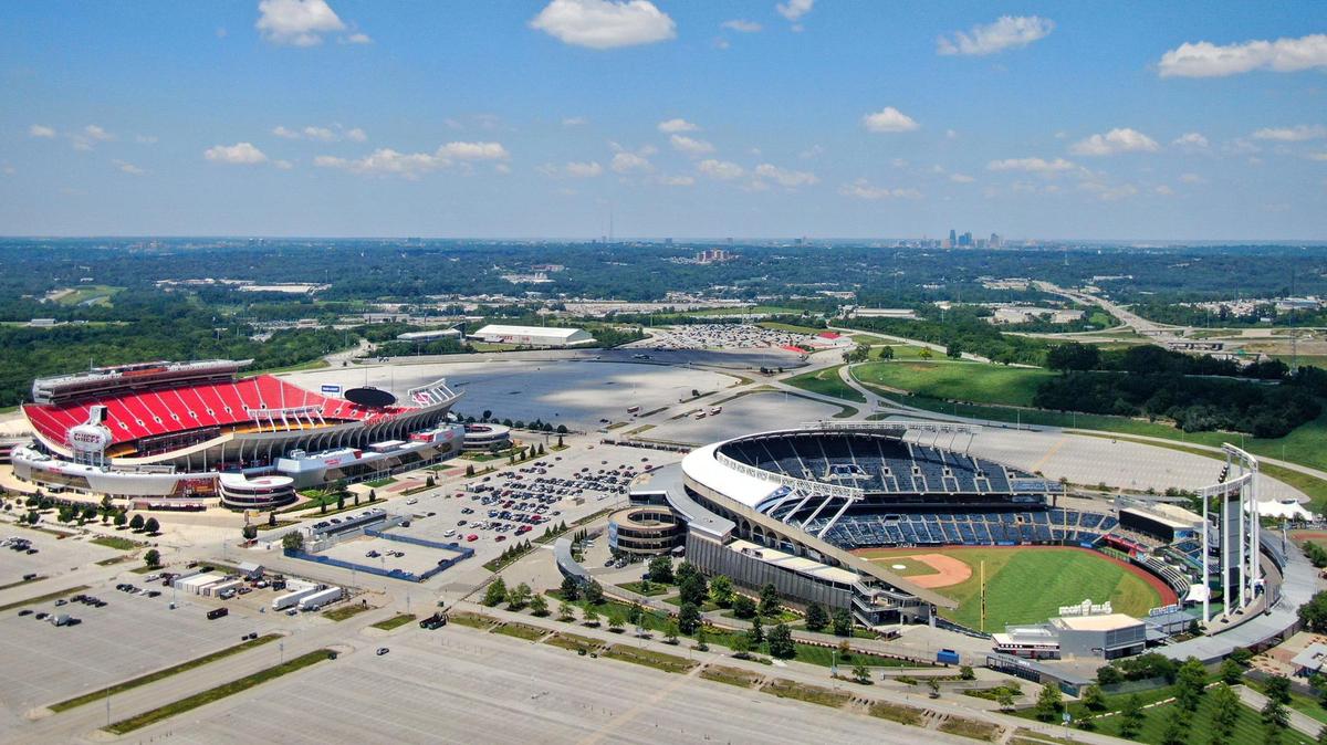 Arrowhead Stadium and Kauffman Stadium at the Truman Sports Complex on Tuesday, July 1, 2025, in Kansas City.