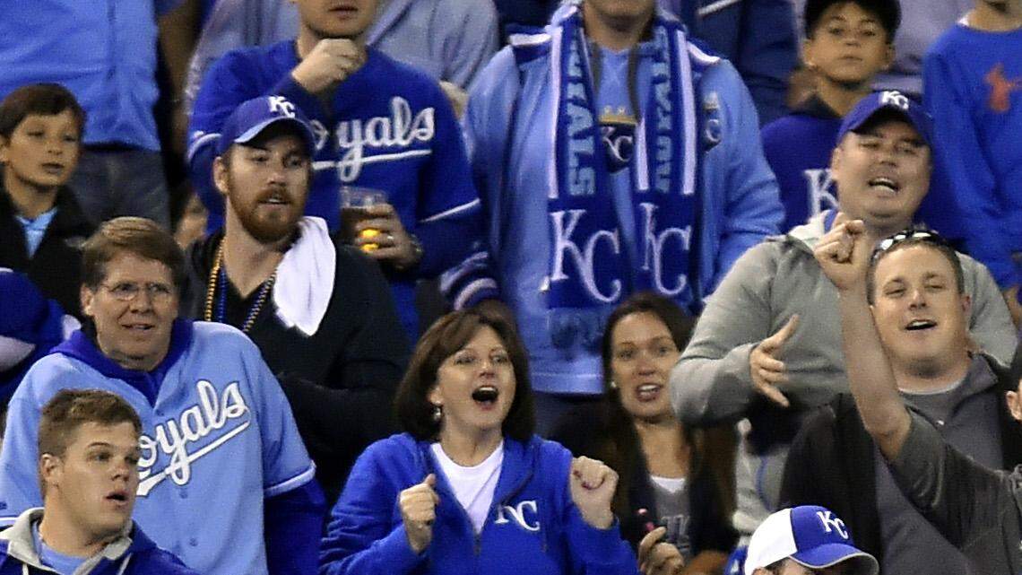 Royals third baseman Mike Moustakas dove for a foul ball hit by Baltimore Orioles center fielder Adam Jones in the sixth inning of game three of the American League Championship Series on Tuesday night at Kauffman Stadium. Moustakas made the catch and landed in the one of the stadium’s dugout suites.

