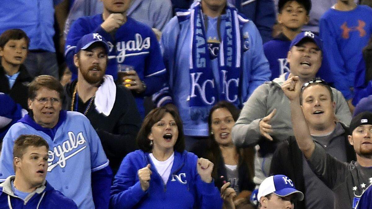 Royals third baseman Mike Moustakas dove for a foul ball hit by Baltimore Orioles center fielder Adam Jones in the sixth inning of game three of the American League Championship Series on Tuesday night at Kauffman Stadium. Moustakas made the catch and landed in the one of the stadium’s dugout suites.
