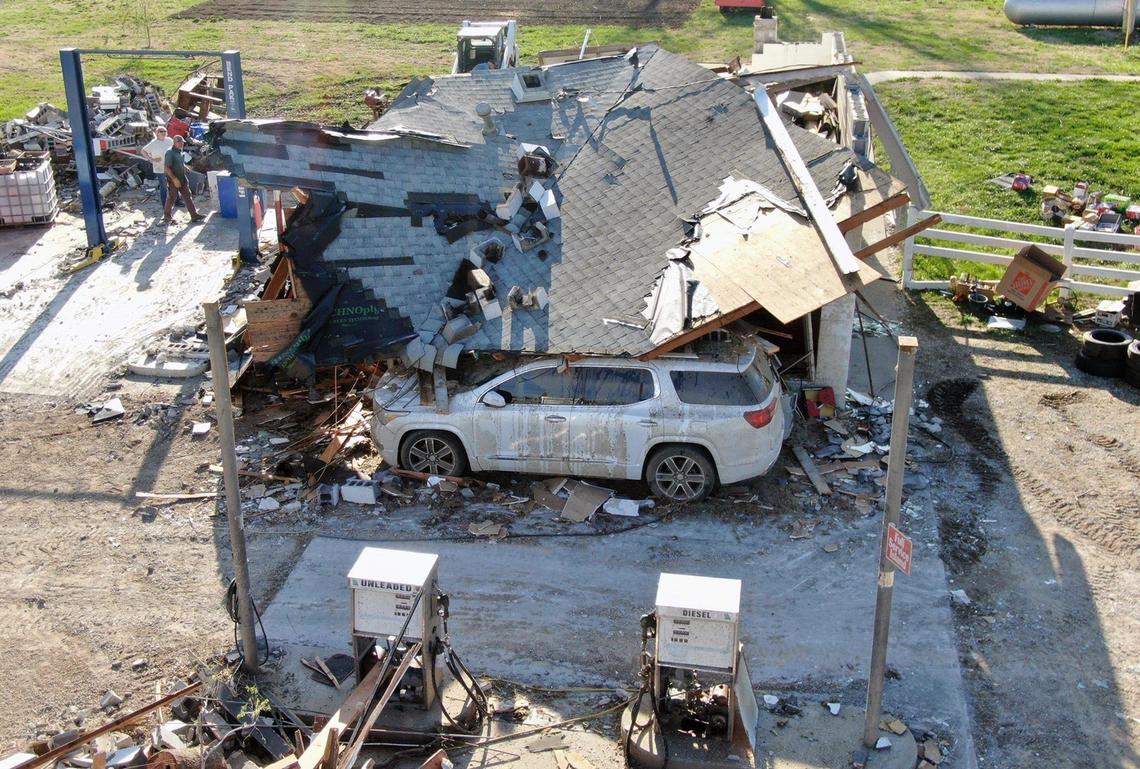 The Moundville Service Station, owned and operated by Craig Bott and opened in 1969 at this location, was destroyed by a tornado on Wednesday, April 2, 2025, in Moundville, Missouri.