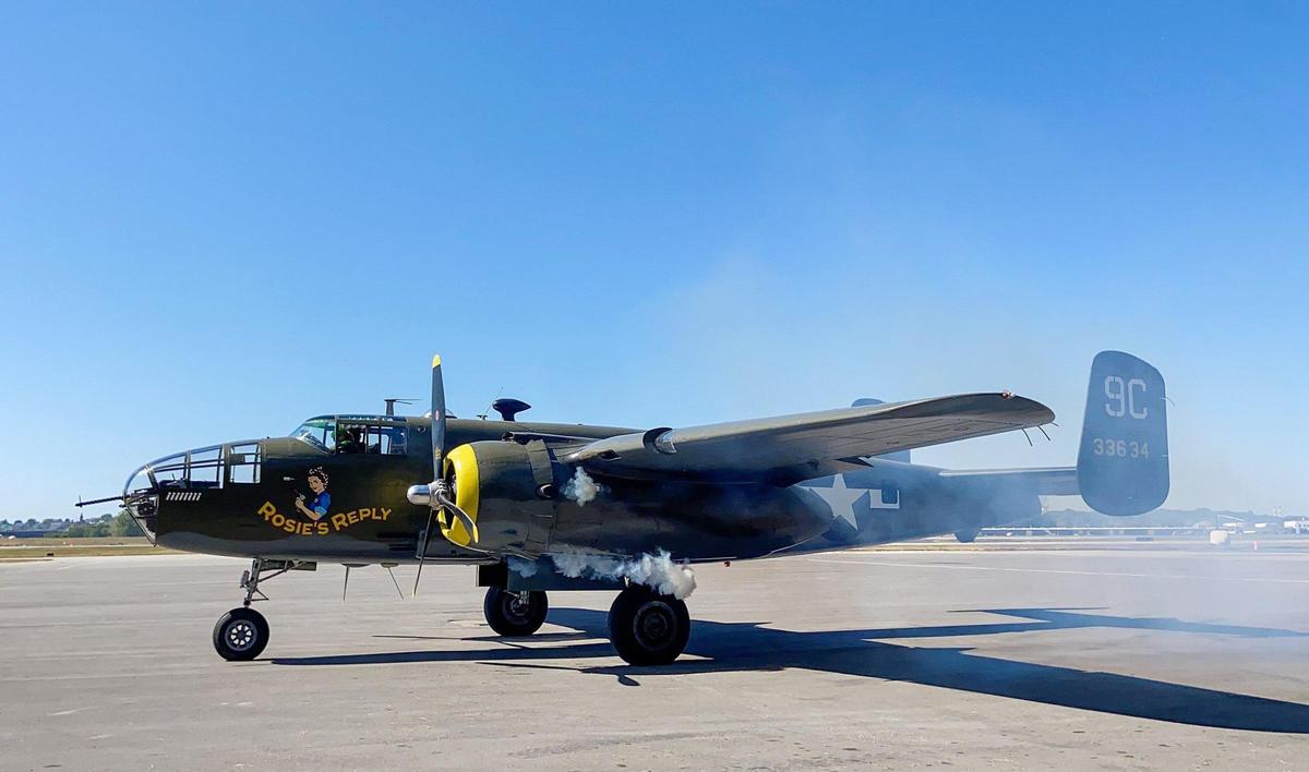 Rosie’s Reply, a B-25D bomber built at the North American Aviation plant in Fairfax, takes off for a VIP flight. The arrival of Rosie’s Reply at Charles B. Wheeler Downtown Airport Monday, Oct. 4, 2021, marks the first time it has been back to Kansas City since it flew out for World War II. Rosie’s Replay is scheduled to fly over the Fairfax Festival Oct. 7.